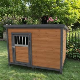 45"large solid wood dog house, waterproof PVC plastic roof, breathable wooden doors