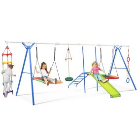 6 in 1 Swing Set for Kids, Toddle Outdoor Swing and Slide Set, Backyard Playground Playsets with Climbing Rope ladder, Disc Swing, Monkey Bar Swing