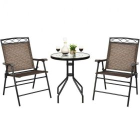 Garden Furniture Outdoor Patio Bistro 3 Pieces Set of Round Table and Folding Chairs (Color: Shown in the pic, size: 24 Inch)