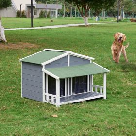 Dog House, Waterproof Dog Cage Kennel, Wooden Outdoor and Indoor Dog House, Raised Pet Kennel for Medium Dogs, Log Cabin Style with Porch (Color: Blue, Material: Pine)