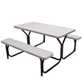 Outdoor Picnic Table Bench Set with Metal Base (Color: White)